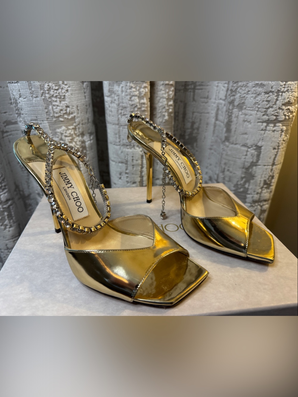Jimmy Choo Gold Metallic Crystal-Embellished Peep-Toe Stilettos. LIKE NEW!